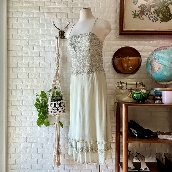 Vintage Dresses & Skirts - Vintage Dazzelle Inc 100% Silk Ornately Pearl Beaded Layered Chiffon Midi Dress